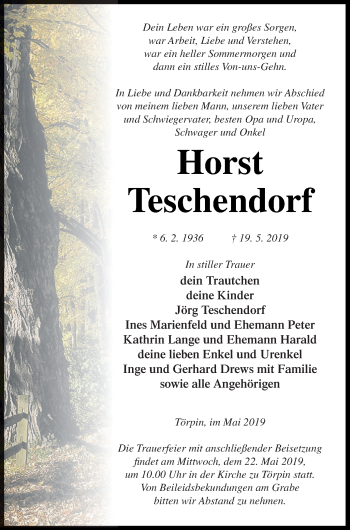 Traueranzeige von Horst Teschendorf von Demminer Zeitung