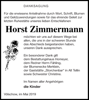 Traueranzeige von Horst Zimmermann von Vorpommern Kurier