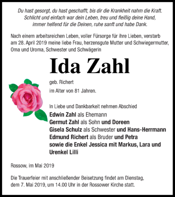 Traueranzeige von Ida Zahl von Pasewalker Zeitung