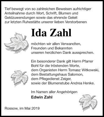 Traueranzeige von Ida Zahl von Pasewalker Zeitung