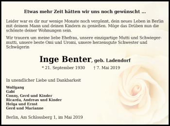 Traueranzeige von Inge Benter von Neubrandenburger Zeitung