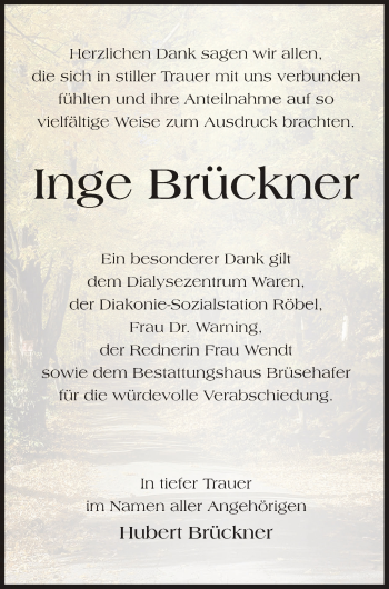 Traueranzeige von Inge Brückner von Müritz-Zeitung