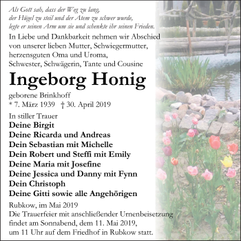 Traueranzeige von Ingeborg Honig von Vorpommern Kurier