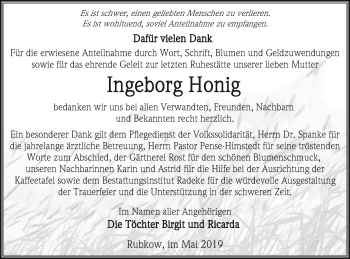 Traueranzeige von Ingeborg Honig von Vorpommern Kurier