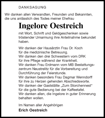 Traueranzeige von Ingelore Oestreich von Strelitzer Zeitung