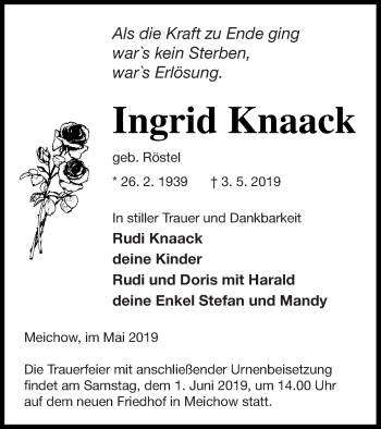 Traueranzeige von Ingrid Knaack von Prenzlauer Zeitung