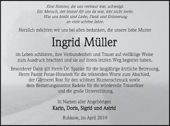 Traueranzeige von Ingrid Müller von Vorpommern Kurier