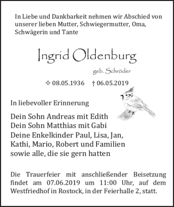 Traueranzeige von Ingrid Oldenburg von Norddeutsche Neueste Nachrichten