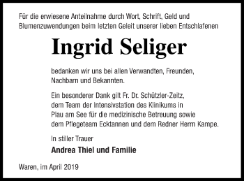 Traueranzeige von Ingrid Seliger von Müritz-Zeitung