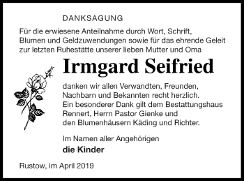 Traueranzeige von Irmgard Seifried von Vorpommern Kurier