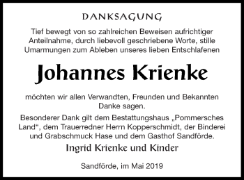 Traueranzeige von Johannes Krienke von Pasewalker Zeitung