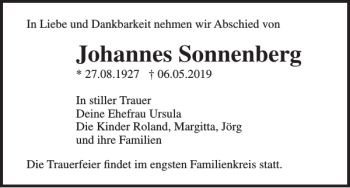 Traueranzeige von Johannes Sonnenberg von Norddeutsche Neueste Nachrichten