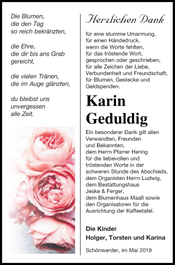 Traueranzeige von Karin Geduldig von Prenzlauer Zeitung