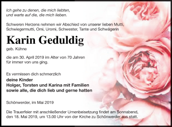 Traueranzeige von Karin Geduldig von Prenzlauer Zeitung