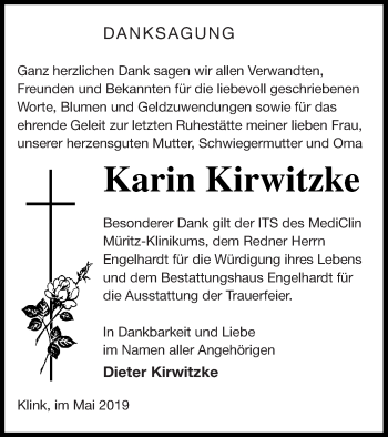 Traueranzeige von Karin Kirwitzke von Müritz-Zeitung