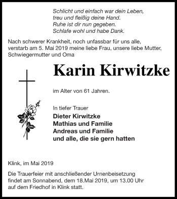 Traueranzeige von Karin Kirwitzke von Müritz-Zeitung