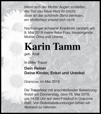 Traueranzeige von Karin Tamm von Strelitzer Zeitung