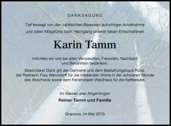 Traueranzeige von Karin Tamm von Strelitzer Zeitung