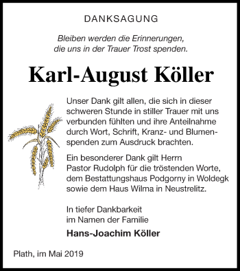 Traueranzeige von Karl-August Köller von Neubrandenburger Zeitung