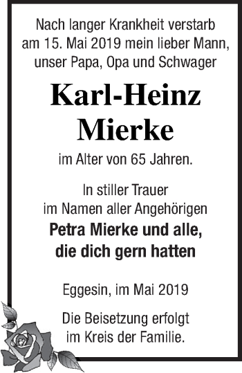 Traueranzeige von Karl-Heinz Mierke von Haff-Zeitung