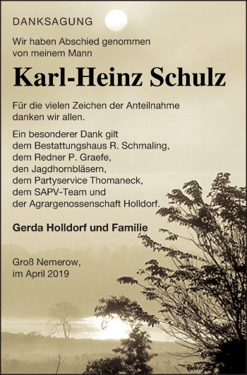 Traueranzeige von Karl-Heinz Schulz von Neubrandenburger Zeitung