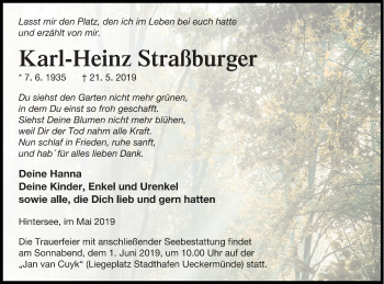 Traueranzeige von Karl-Heinz Straßburger von Haff-Zeitung