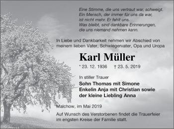 Traueranzeige von Karl Müller von Müritz-Zeitung