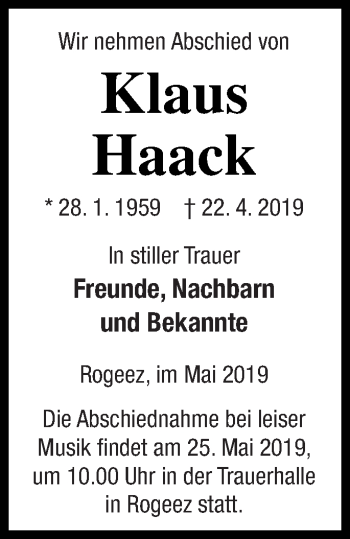 Traueranzeige von Klaus Haack von Müritz-Zeitung