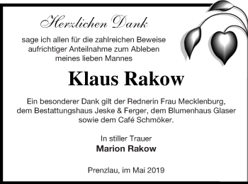 Traueranzeige von Klaus Rakow von Prenzlauer Zeitung