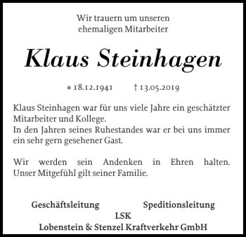 Traueranzeige von Klaus Steinhagen von Zeitung für die Landeshauptstadt