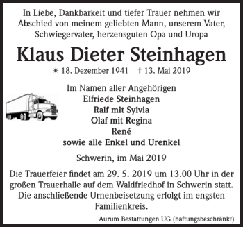 Traueranzeige von Klaus Dieter Steinhagen von Zeitung für die Landeshauptstadt