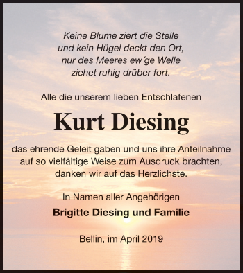 Traueranzeige von Kurt Diesing von Haff-Zeitung