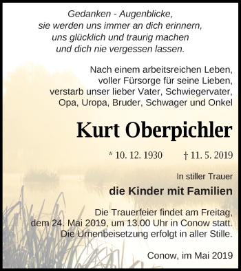 Traueranzeige von Kurt Oberpichler von Strelitzer Zeitung