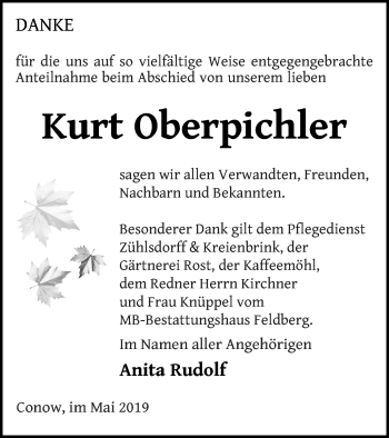 Traueranzeige von Kurt Oberpichler von Strelitzer Zeitung