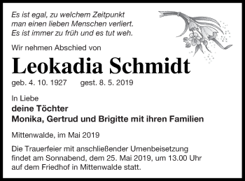 Traueranzeige von Leokadia Schmidt von Templiner Zeitung