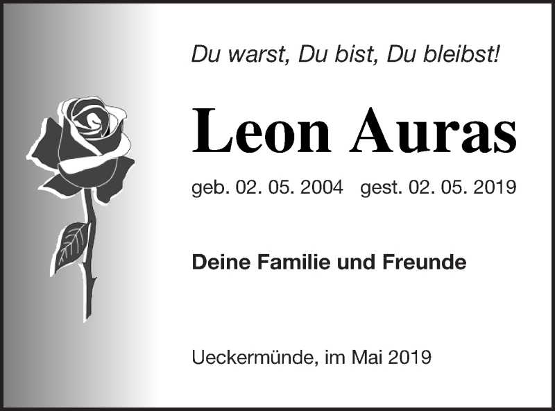  Traueranzeige für Leon Auras vom 17.05.2019 aus Haff-Zeitung