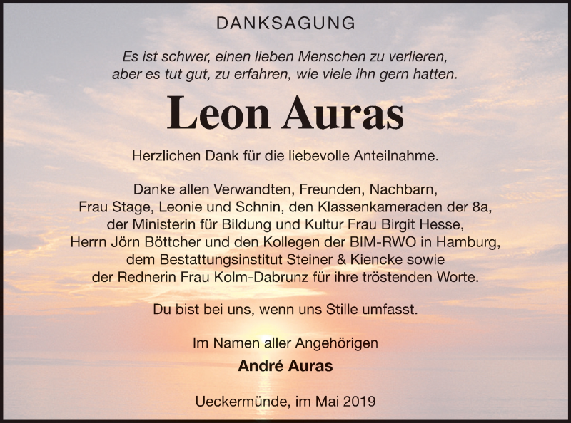  Traueranzeige für Leon Auras vom 31.05.2019 aus Haff-Zeitung