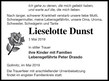 Traueranzeige von Lieselotte Dunst von Prenzlauer Zeitung