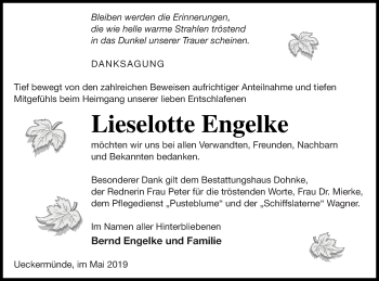 Traueranzeige von Lieselotte Engelke von Haff-Zeitung