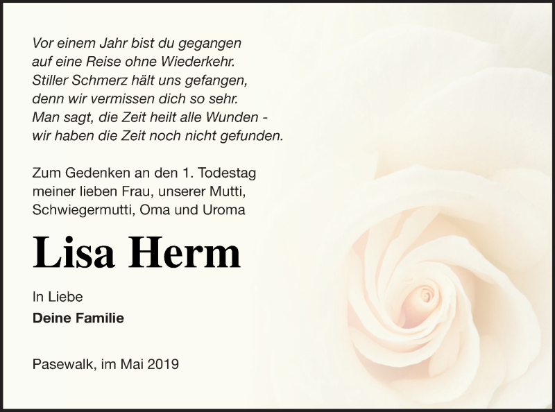  Traueranzeige für Lisa Herm vom 07.05.2019 aus Pasewalker Zeitung