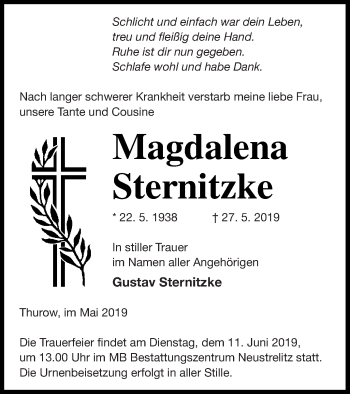 Traueranzeige von Magdalene Sternitzke von Strelitzer Zeitung