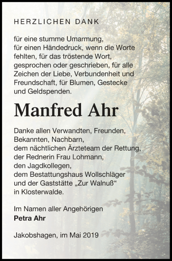 Traueranzeige von Manfred Ahr von Templiner Zeitung