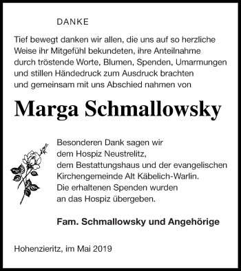 Traueranzeige von Marga Schmallowsky von Neubrandenburger Zeitung