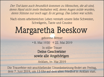 Traueranzeige von Margaretha Beeskow von Vorpommern Kurier