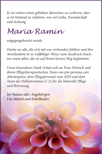 Traueranzeige von Maria Ramin von Neubrandenburger Zeitung