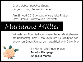 Traueranzeige von Marianne Müller von Neubrandenburger Zeitung