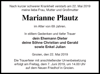 Traueranzeige von Marianne Plautz von Mecklenburger Schweiz