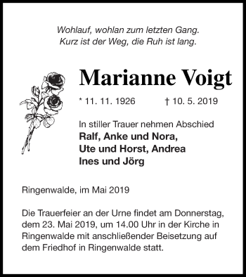 Traueranzeige von Marianne Voigt von Templiner Zeitung