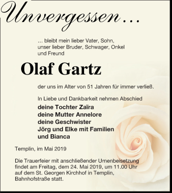 Traueranzeige von Olaf Gartz von Templiner Zeitung