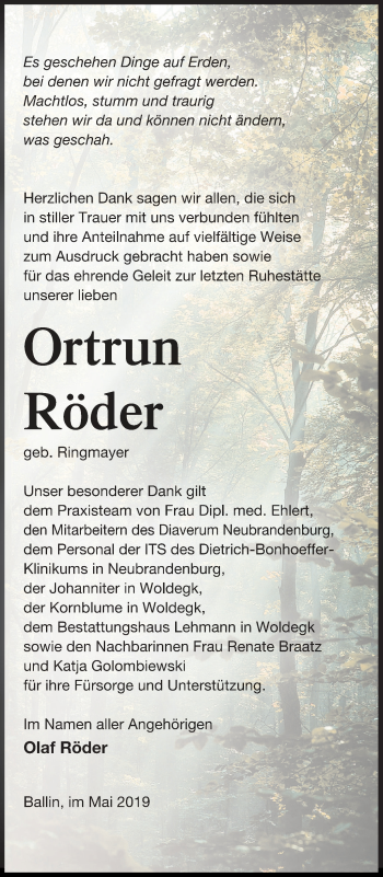 Traueranzeige von Ortrun Röder von Strelitzer Zeitung